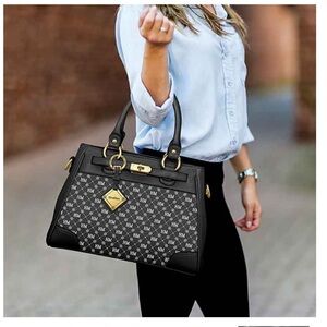 Danbury Mint “PC” Personalized Black Top Handle Satchel Handbag Gold Hardware